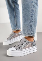 Szare Siateczkowe Trampki Vices na Platformie Zdobione Cekinami Telandria. Szare trampki Born2be, z aplikacjami, z jeansu, eleganckie, bez zapięcia. W wyprzedaży za 67.99 zł.
