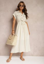 Beżowa Sukienka z Wiskozy o Rozkloszowanym Kroju z Gumką w Pasie i Napami Memvia. Brązowe sukienki Renee, na co dzień, l, bez wzorów, z wiskozy, eleganckie, bez kołnierzyka, bez ramiączek, maxi, kopertowe. W wyprzedaży za 99.99 zł.
