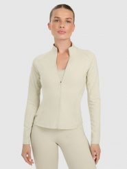 4F Bluza treningowa slim szybkoschnąca damska - beżowa M. Brązowe bluzy bez kaptura 4f, m, bez wzorów, z materiału, bez kaptura, na fitness i siłownię. Za 179.99 zł.