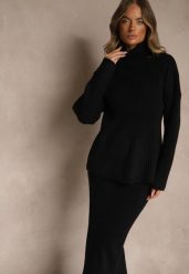 Czarny Komplet z Dzianiny z Wełną w Prążki Golf i Ołówkowa Spódnica Falirea. Czarne swetry Renee, l, bez wzorów, z dzianiny, bez ramiączek. Za 159.99 zł.