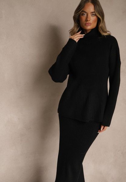 Czarny Komplet z Dzianiny z Wełną w Prążki Golf i Ołówkowa Spódnica Falirea. Czarne swetry Renee, l, bez wzorów, z dzianiny, bez ramiączek. Za 159.99 zł.