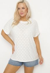 Biały T-shirt z Bawełną i Ażurowym Wzorem Puzira. Białe t-shirty Born2be, s, w ażurowe wzory, z bawełny, eleganckie, bez kołnierzyka, bez ramiączek. Za 49.99 zł.