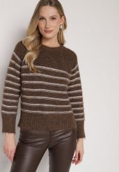 Brązowy Sweter z Domieszką Wełny w Paski Lidavia. Brązowe swetry Born2be, bez wzorów, z jeansu, eleganckie, bez ramiączek. Za 119.99 zł.