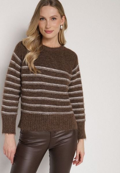 Brązowy Sweter z Domieszką Wełny w Paski Lidavia. Brązowe swetry Born2be, bez wzorów, z jeansu, eleganckie, bez ramiączek. Za 119.99 zł.