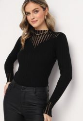 Czarny Golf z Przeźroczystymi Wstawkami Faelis. Czarne swetry Born2be, z aplikacjami, z dzianiny, bez ramiączek. W wyprzedaży za 50.99 zł.