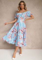 Niebieska Sukienka z Bawełną Rozkloszowana w Kwiatowy Print z Dekoltem Łódką Annirna. Niebieskie sukienki Renee, na co dzień, l, bez wzorów, z bawełny, eleganckie, bez kołnierzyka, bez ramiączek, midi, rozkloszowane. W wyprzedaży za 55.99 zł.