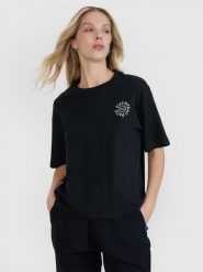 4F T-shirt oversize z nadrukiem damski - czarny S. Czarne t-shirty 4f, s, bez wzorów, z bawełny, klasyczne, bez kołnierzyka, bez ramiączek. W wyprzedaży za 59.99 zł.