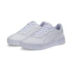Młodzieżowe sneakersy Carina 2.0 PUMA White Silver Gray. Biała buty sportowe lifestyle Puma, bez wzorów, z materiału, młodzieżowe, bez zapięcia. Za 249.99 zł.