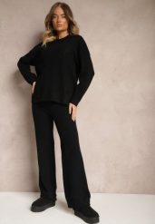 Czarny Komplet Dzianinowy z Bawełną Spodnie o Szerokim Kroju Sweter z Kapturem Siaira. Czarne swetry Renee, bez wzorów, z bawełny, eleganckie, bez ramiączek. W wyprzedaży za 135.99 zł.