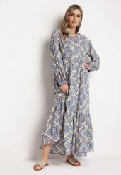 Niebieska Rozkloszowana Sukienka z Wiskozy Zapinana na Guziki z Falbanką Nrines. Niebieskie sukienki Born2be, na co dzień, l, bez wzorów, z wiskozy, eleganckie, bez kołnierzyka, bez ramiączek, maxi, rozkloszowane. W wyprzedaży za 101.99 zł.