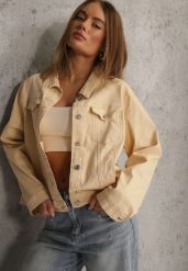 Jasnożółta Jeansowa Kurtka z Bawełny Perilopei. Żółte kurtki Renee, l, bez wzorów, z bawełny, bez kaptura. Za 149.99 zł.