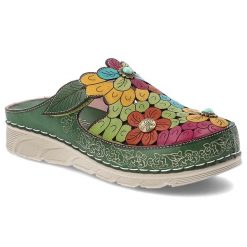Klapki damskie Laura Vita, kwiatowa cholewka ze skóry naturalnej ozdobne aplikacje wygodna podeszwa codzienny letni fason, zielone, Dorry 22 AJ1819-B. Zielone klapki LAURA VITA, z aplikacjami, ze skóry, bez obcasa, bez zapięcia. Za 309.00 zł.