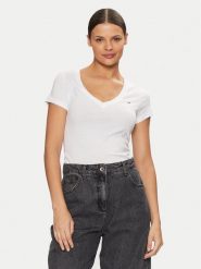 Tommy Jeans T-Shirt DW0DW20458 Biały Slim Fit. Białe t-shirty Tommy Jeans, xl, bez wzorów, z bawełny, bez kołnierzyka, bez ramiączek. Za 79.99 zł.