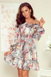 Sukienka z odkrytymi ramionami i wiązaniem szara hiszpanka w kwiaty. Szare sukienki Sukienki.shop, na co dzień, m, bez wzorów, bez kołnierzyka, bez ramiączek, z odkrytymi ramionami. Za 149.00 zł.