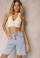 Jasnoniebieskie Jeansowe Szorty High Waist Bawełniane Nelaitha. Niebieskie szorty Renee, bez wzorów, z bawełny, eleganckie. W wyprzedaży za 83.99 zł.