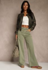 Ciemnobeżowe Jeansy o Szerokim Kroju z Bawełny High Waist Marquilla. Brązowe spodnie materiałowe Renee, bez wzorów, z bawełny, z podwyższonym stanem. Za 99.99 zł.