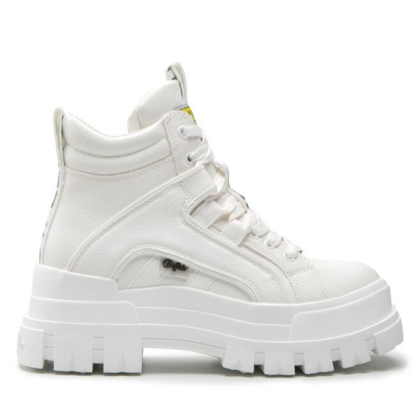 Trzewiki Buffalo. Białe botki Buffalo, bez wzorów, bez obcasa, na płaskiej podeszwie, bez zapięcia. Za 379.99 zł.