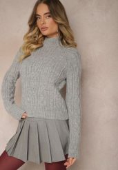 Szary Golf Ozdobiony Splotem Marttia. Szare swetry Renee, m, bez wzorów, z jeansu, biznesowe, bez ramiączek. W wyprzedaży za 119.99 zł.