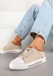 Beżowe Skórzane Trampki na Płaskiej Podeszwie ze Skórzaną Wkładką i Kontrastowym Noskiem Helili. Brązowe trampki Born2be, bez wzorów, z jeansu, bez zapięcia. Za 169.99 zł.