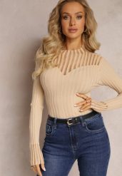 Beżowy Golf z Prześwitującymi Wstawkami Nirelle. Brązowe swetry Renee, z aplikacjami, z dzianiny, bez ramiączek. W wyprzedaży za 47.99 zł.