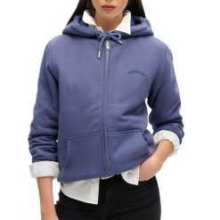 Damska bluza zapinana na zamek z kapturem z wełnianą podszewką Superdry. Niebieskie bluzy z kapturem Superdry, xl, bez wzorów, z bawełny, z kapturem. Za 403.05 zł.