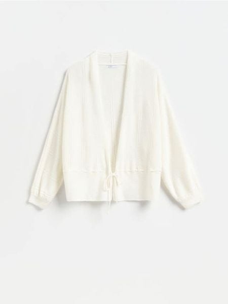 Kardigan z wełną - kremowy. Białe swetry Reserved, l, bez wzorów, z dzianiny, bez ramiączek. Za 139.99 zł.