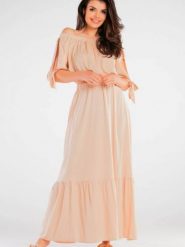 Bluzka Model A430 Beige - awama. Brązowe bluzki Awama, l, bez wzorów, z elastanu, eleganckie, bez kołnierzyka, bez ramiączek. Za 220.55 zł.