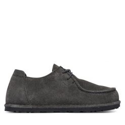 Półbuty Birkenstock. Szare półbuty wsuwane Birkenstock, bez wzorów, bez obcasa, na płaskiej podeszwie. Za 719.99 zł.