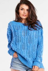 Luźny Sweter o Ażurowym Splocie - Niebieski. Niebieskie swetry Awama, uniwersalny, w ażurowe wzory, z materiału, bez ramiączek. Za 249.90 zł.