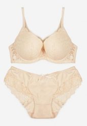Jasnobeżowy Koronkowy Komplet Majtki Figi i Biustonosz Eziselle. Brązowe figi Renee, bez wzorów, z jeansu. Za 39.99 zł.