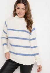 Beżowo-Niebieski Sweter z Wiskozą w Paski Dintia. Niebieskie swetry Born2be, uniwersalny, bez wzorów, z jeansu, eleganckie, bez ramiączek. W wyprzedaży za 59.49 zł.