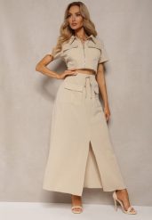 Beżowy Komplet Bluzka z Krótkim Rękawem Spódnica z Rozcięciem i Gumką w Pasie Dravia. Brązowe bluzki Renee, l, bez wzorów, eleganckie, bez kołnierzyka, bez ramiączek. W wyprzedaży za 151.99 zł.