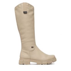 Kozaki Rieker. Białe kozaki Rieker, bez wzorów, bez obcasa, na płaskiej podeszwie, bez zapięcia. Za 439.99 zł.