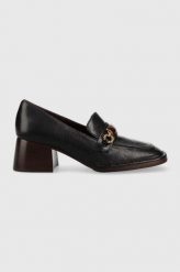 Tory Burch czółenka skórzane Perrine kolor czarny na słupku. Czarne czółenka Tory Burch, bez wzorów, bez obcasa, na obcasie, bez zapięcia. Za 1,999.90 zł.