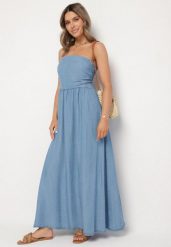 Granatowa Sukienka Rozkloszowana z Dekoltem Typu Bandeau Mavilore. Niebieskie sukienki Born2be, na co dzień, m, z aplikacjami, eleganckie, bez kołnierzyka, bez ramiączek, midi, rozkloszowane. W wyprzedaży za 93.49 zł.