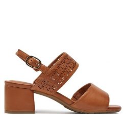 Sandały Jana. Brązowe sandały JANA, bez wzorów, bez obcasa, na słupku, bez zapięcia. Za 139.99 zł.
