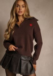 Brązowy Sweter z Wełną Wiskozą i Bawełną z Sercem Monisella. Brązowe swetry Renee, m, bez wzorów, z bawełny, casualowe, bez ramiączek. Za 129.99 zł.