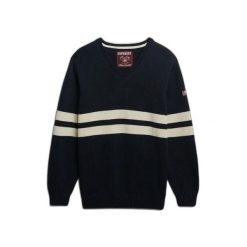 Damski oversize sweter w paski z dekoltem w serek Superdry. Niebieskie swetry Superdry, na zimę, bez wzorów, casualowe, bez ramiączek. Za 326.85 zł.