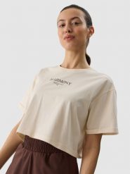 4F T-shirt crop top z nadrukiem damski - kremowy M. Brązowe t-shirty 4f, m, bez wzorów, z bawełny, sportowe, bez kołnierzyka, bez ramiączek. Za 39.99 zł.
