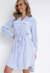 Niebieska Bawełniana Sukienka Koszulowa Aravia. Niebieskie sukienki Born2be, l, bez wzorów, z bawełny, bez kołnierzyka, bez ramiączek, mini, koszulowe. Za 64.99 zł.