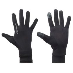 Rękawiczki do biegania Kalenji 100 dotykowe. Czarne rękawiczki KALENJI, bez wzorów, z elastanu, sportowe. Za 24.99 zł.
