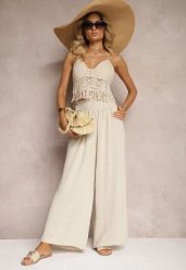 Beżowe Spodnie High Waist z Szerokimi Nogawkami i Gumką w Pasie Risabessa. Brązowe jeansy Renee, m, bez wzorów, z jeansu, eleganckie, z podwyższonym stanem. W wyprzedaży za 39.99 zł.