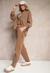 Brązowe Spodnie z Bawełny High Waist Galili. Brązowe jeansy Renee, bez wzorów, z bawełny, eleganckie, z podwyższonym stanem. W wyprzedaży za 107.99 zł.