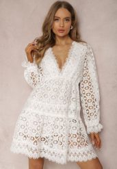 Biała Sukienka Rhodaera. Białe sukienki Renee, m, bez wzorów, z koronki, boho, bez kołnierzyka, bez ramiączek, mini, rozkloszowane. W wyprzedaży za 195.99 zł.