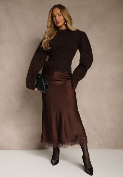 Brązowa Spódnica z Satyny Zdobiona Koronką Marefera. Brązowe spódnice Renee, l, z aplikacjami, z koronki, maxi, oversize. Za 119.99 zł.