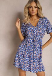 Granatowa Wiskozowa Sukienka ze Sznureczkiem w Talii z Krótkimi Rękawami i Mozaikowym Printem Travei. Niebieskie sukienki Renee, na co dzień, m, bez wzorów, z materiału, eleganckie, bez kołnierzyka, bez ramiączek, mini, proste. W wyprzedaży za 41.99 zł.