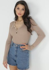 Beżowy Sweter z Prążkowanej Dzianiny Zapinany Leoleta. Brązowe swetry Born2be, s, bez wzorów, z dzianiny, eleganckie, bez ramiączek. W wyprzedaży za 93.49 zł.