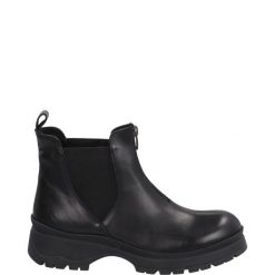 BOTKI DAMSKIE 11003 781 BLACK. Czarne botki Venezia, bez wzorów, ze skóry, bez obcasa, bez zapięcia. Za 279.00 zł.