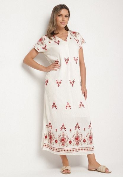 Biało-Czerwona Wiskozowa Sukienka Pudełkowa z Ornamentnym Wzorem Melosea. Białe sukienki Born2be, na co dzień, l, bez wzorów, z wiskozy, eleganckie, bez kołnierzyka, bez ramiączek, maxi. Za 109.99 zł.