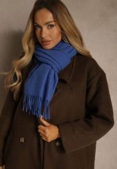 Niebieski Szalik z Wiskozą Bawełną i Frędzlami Siathlin. Niebieskie szaliki i kominy Renee, bez wzorów, z bawełny, biznesowe. Za 44.99 zł.